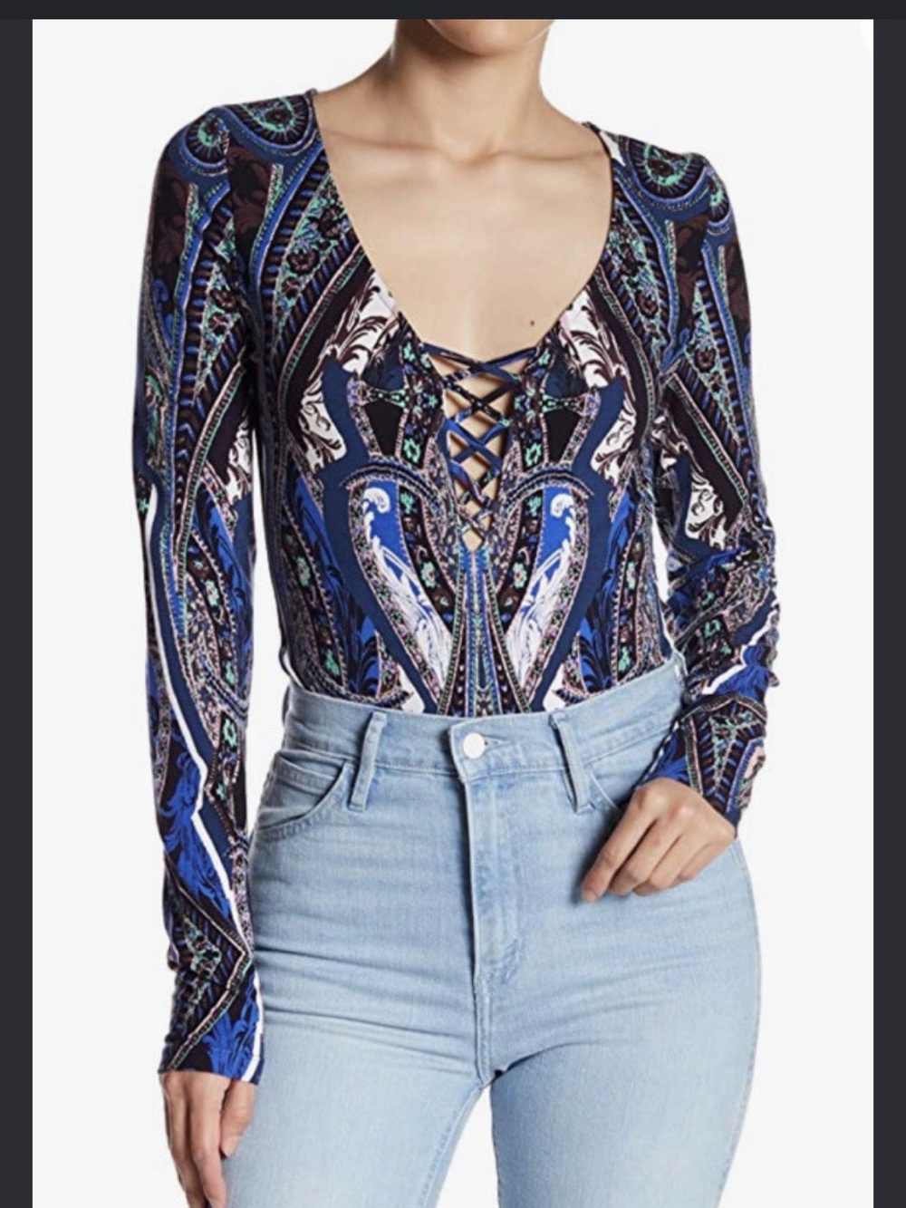 Free People Navy Blue Paisley Lace-Up Long Sleeve Bodysuit